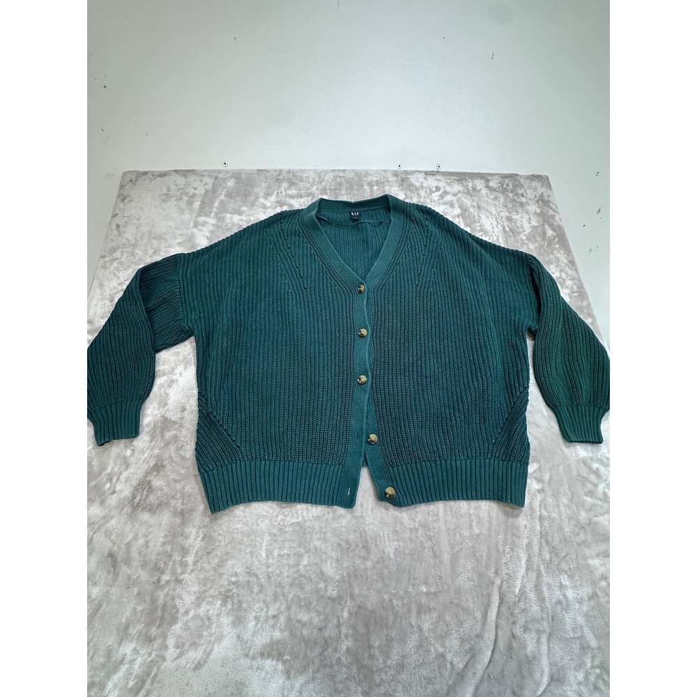 Gap Womens XL Teal Green Cotton Shaker Rib Knit Oversized Cardigan Sweater